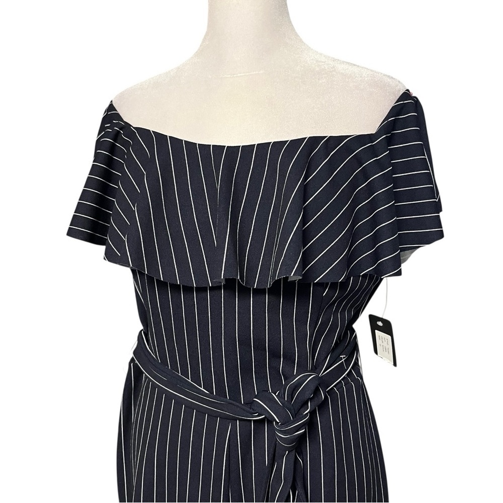 Bebe Navy Pinstripe Off Shoulder Jumpsuit Size 10 NWT - Picture 3 of 7